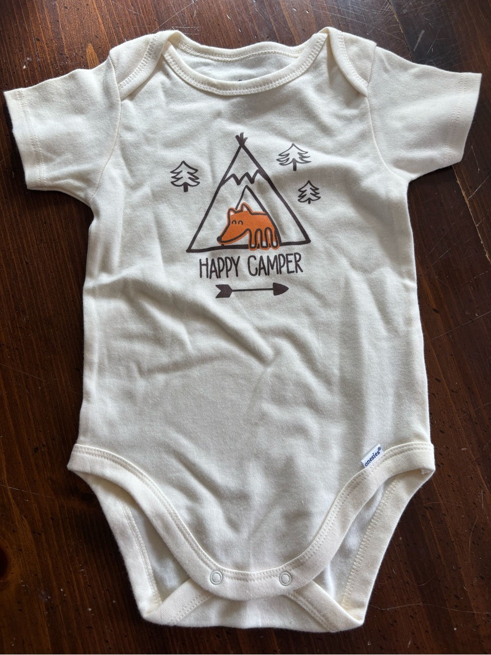 Gerber Cream 'Happy Camper' One-Piece Bodysuit with Orange Fox organic cotton